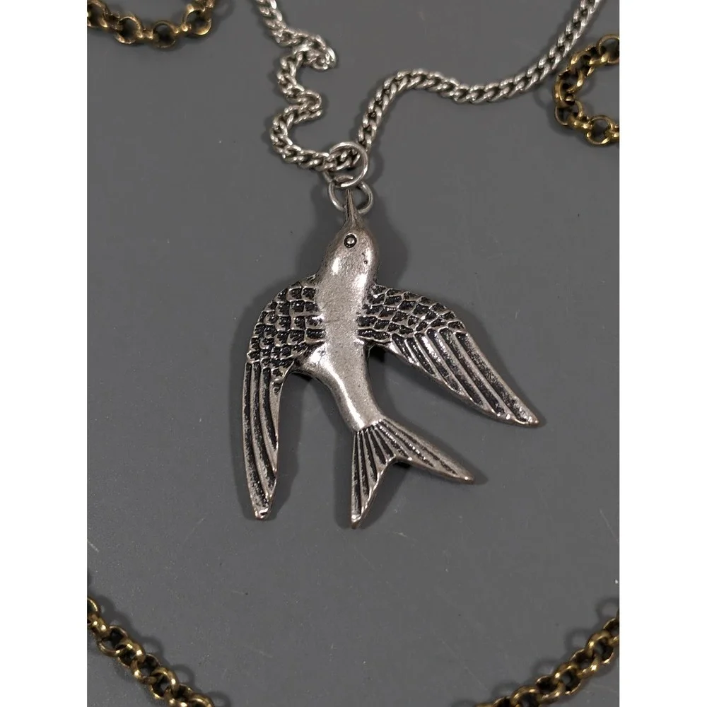 Two Tone‎ Layered Necklace Bird Charm Blue Enamel Locket Distressed 22in